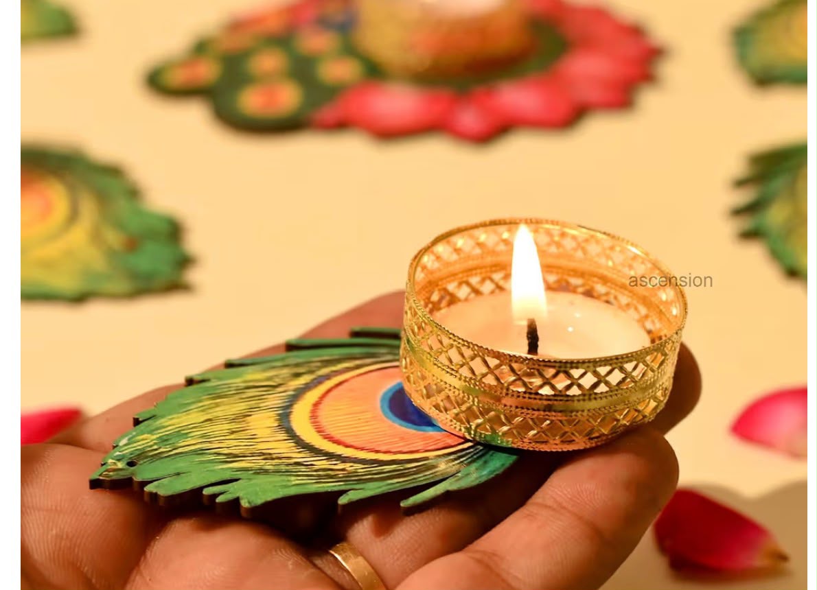 Peacock Feather Wooden Diya
